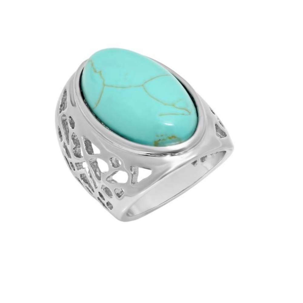 Regal Jewelry Turquoise & Silver tone Oval Ring Size 7 Cocktail Ring